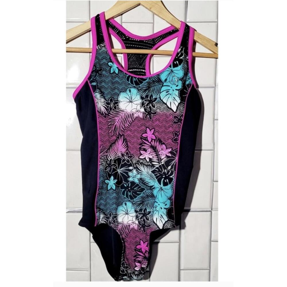 Nwt Gerry Girls One Piece Swimsuit  Pink Floral Front Racerback